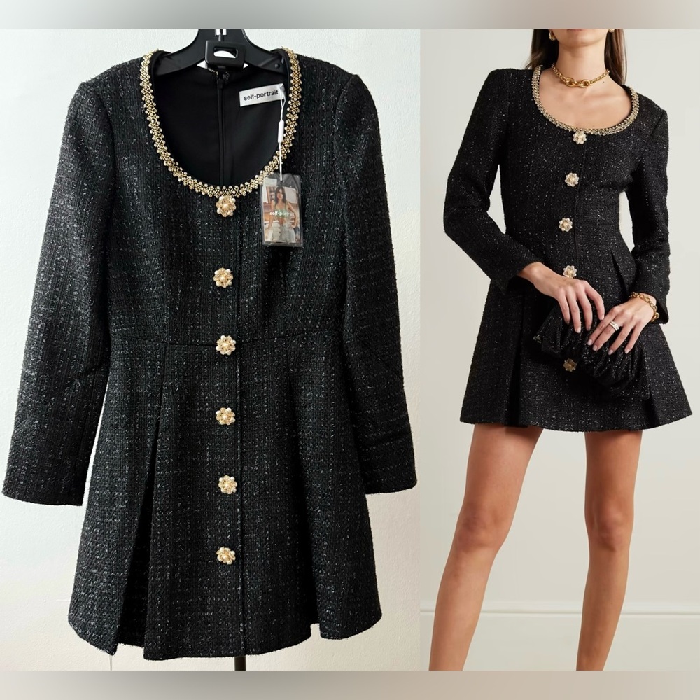 NWT Self Portrait Dress | Self-Portrait Mini Dress Black Boucle Tweed (US 4)